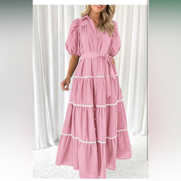 Amazon PrettyGarden Button Down Tiered Puffy Sleeve Pink Midi Dress - Picture 3 of 4